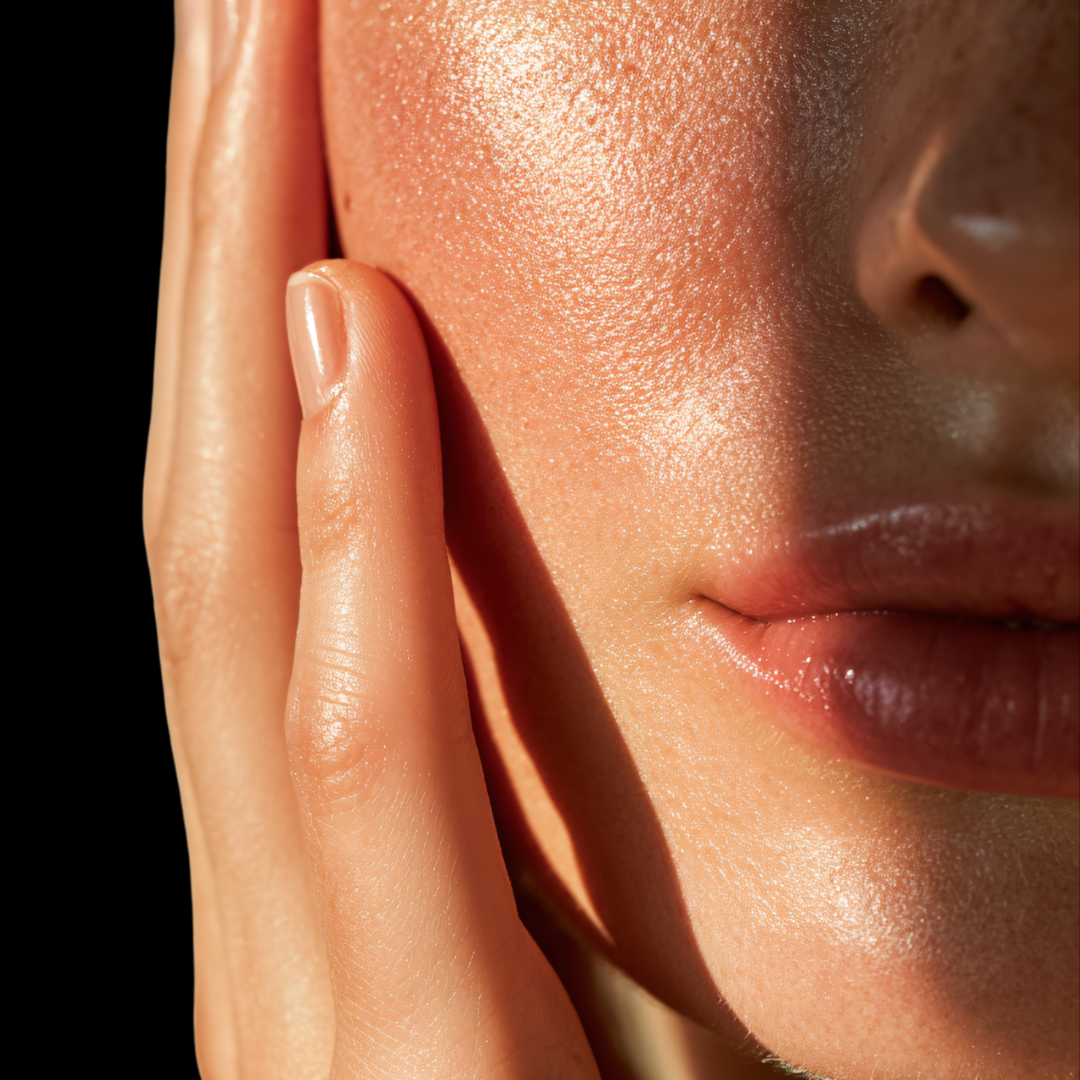 Close-up of hand resting gently on a cheek
