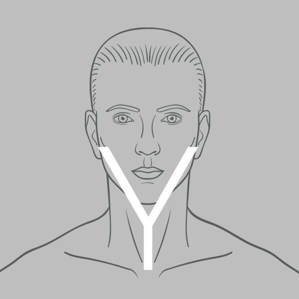 A diagram of a man with the letter Y outlining the shape of his lower face and neck