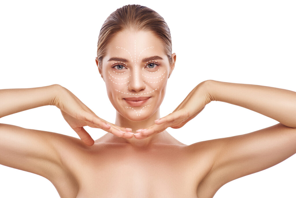 young smiling woman with lifting arrows over her face