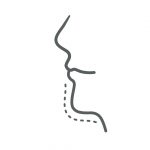 simple line drawing of a woman's face with dashed lines indicating the chin