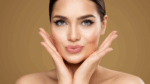 Beautiful woman with enhanced lips, hands framing face